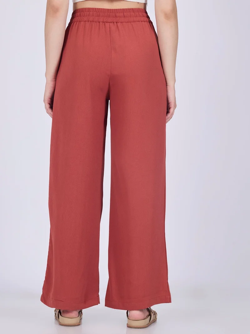 Outzidr Rust Rust Mid Waisted Wide Leg Trousers for Women | Best Price UAE